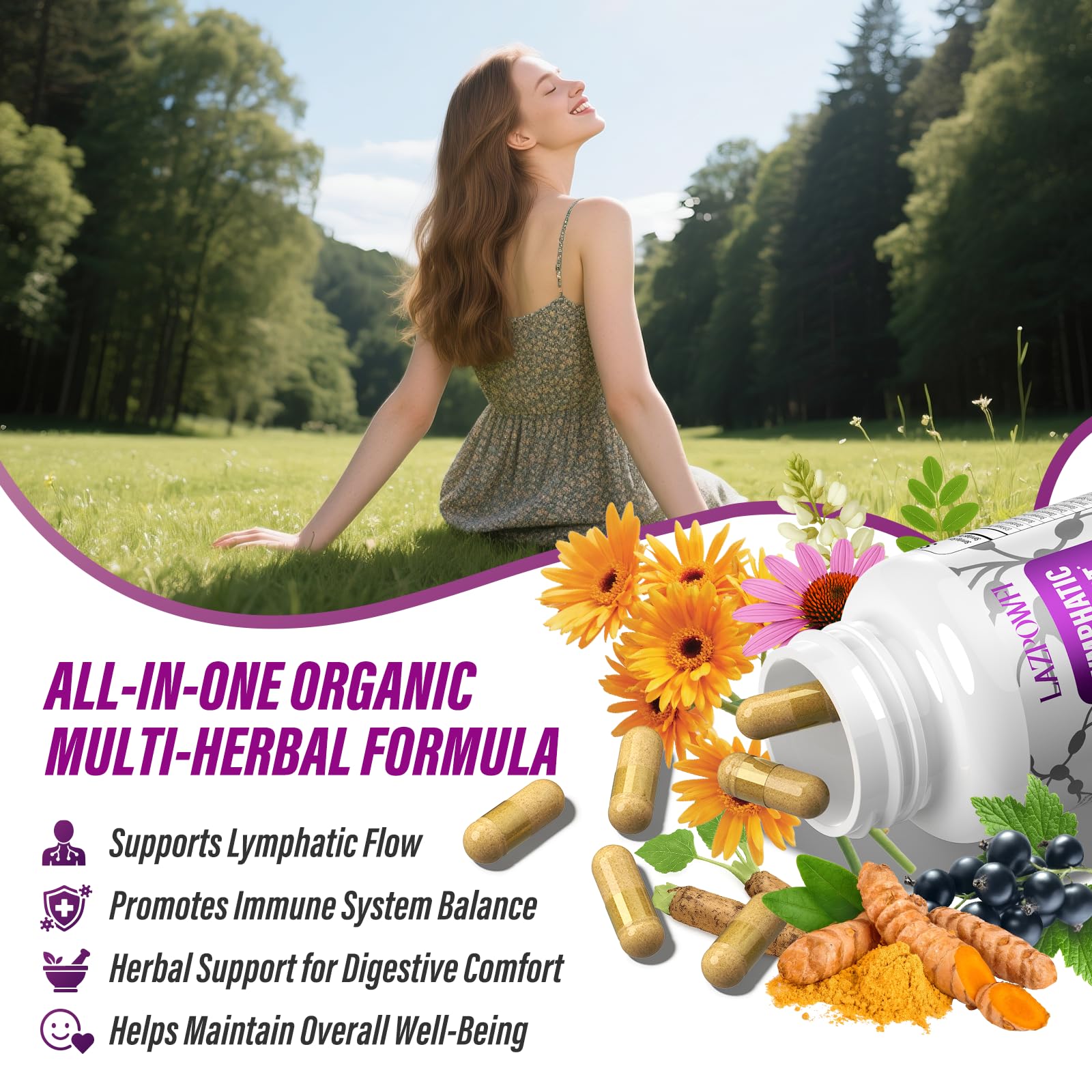 Lazpowfi Lymphatic Drainage Supplements – 1540mg Lymph System Support, 60 Capsules