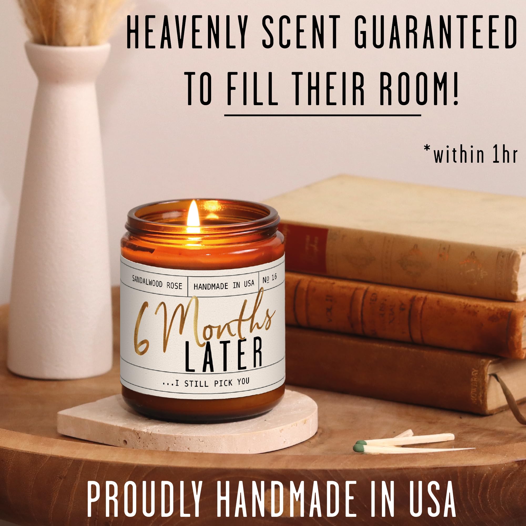 6 Month Anniversary Gift for Girlfriend - Sandalwood Rose Soy Candle, 9oz, USA Made