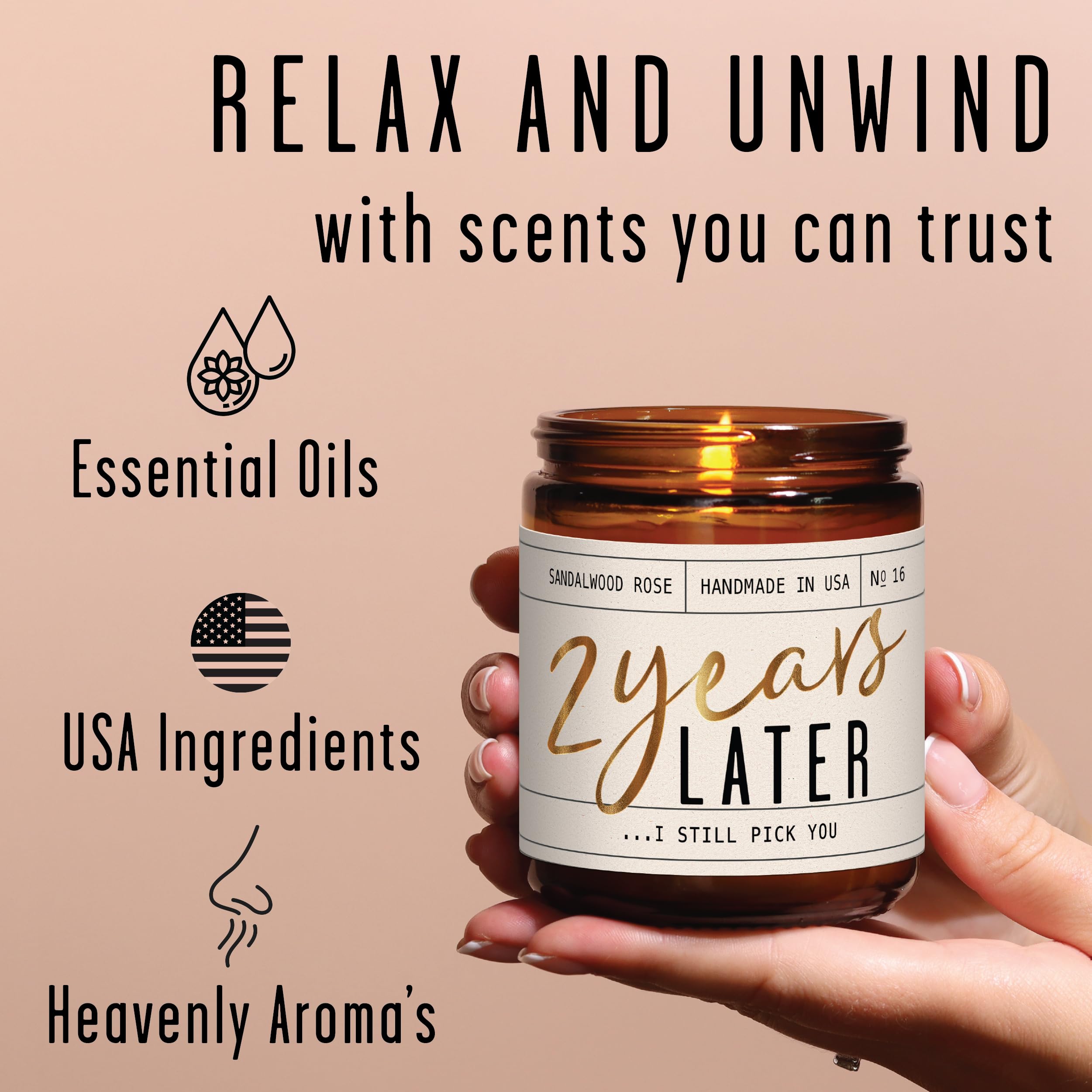 2 Year Anniversary Gift for Her – 2 Years Later Soy Candle, Sandalwood Rose, USA Made