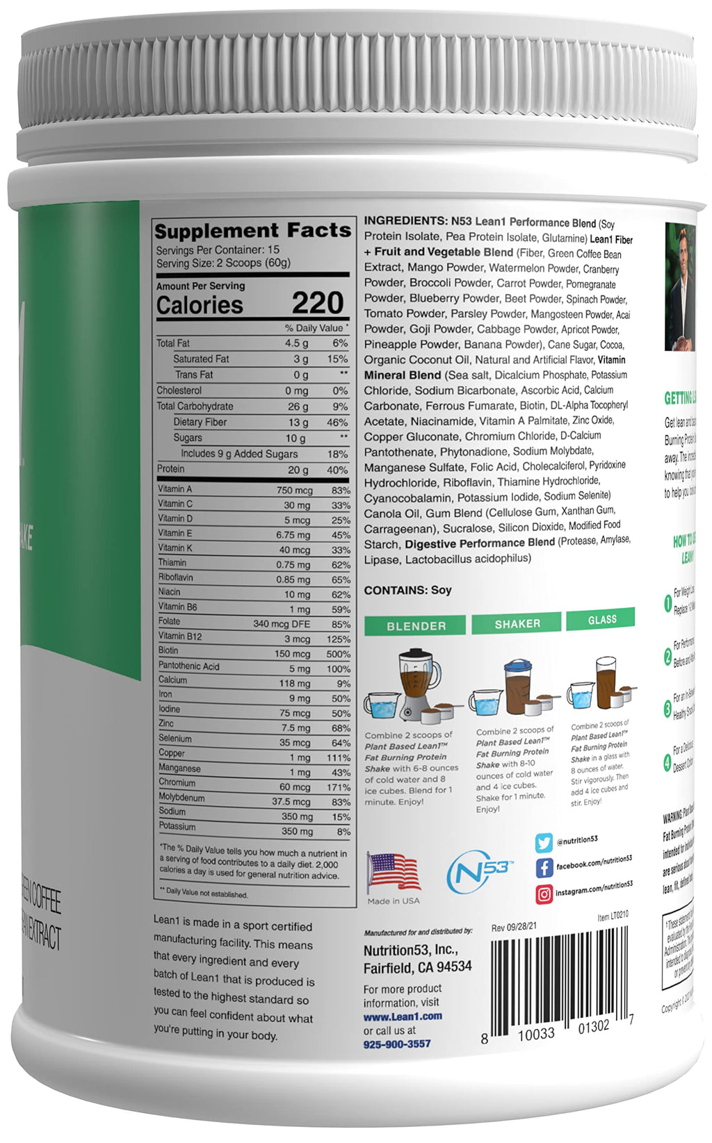 Lean1 Plant-Based Meal Replacement Protein Powder – Chocolate, 15-Serving Tub | Nutrition53