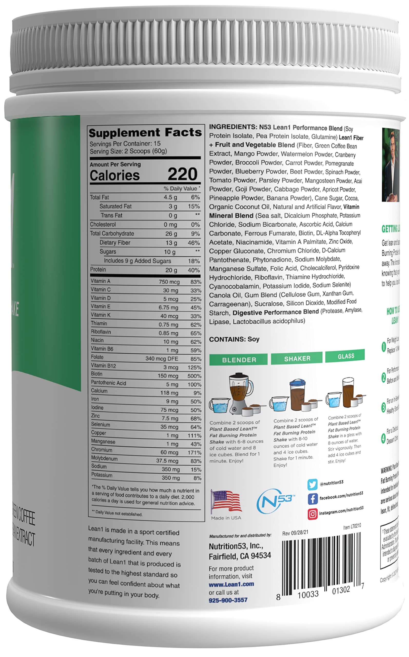 Lean1 Plant-Based Meal Replacement Protein Powder – Chocolate, 15-Serving Tub | Nutrition53