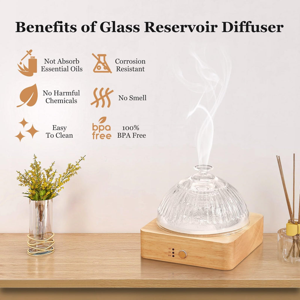 Lecdura Glass Essential Oil Diffuser – 200ml Ultrasonic Diffuser with Glass Reservoir & Wood Base, 7-Color Light, Auto-Off