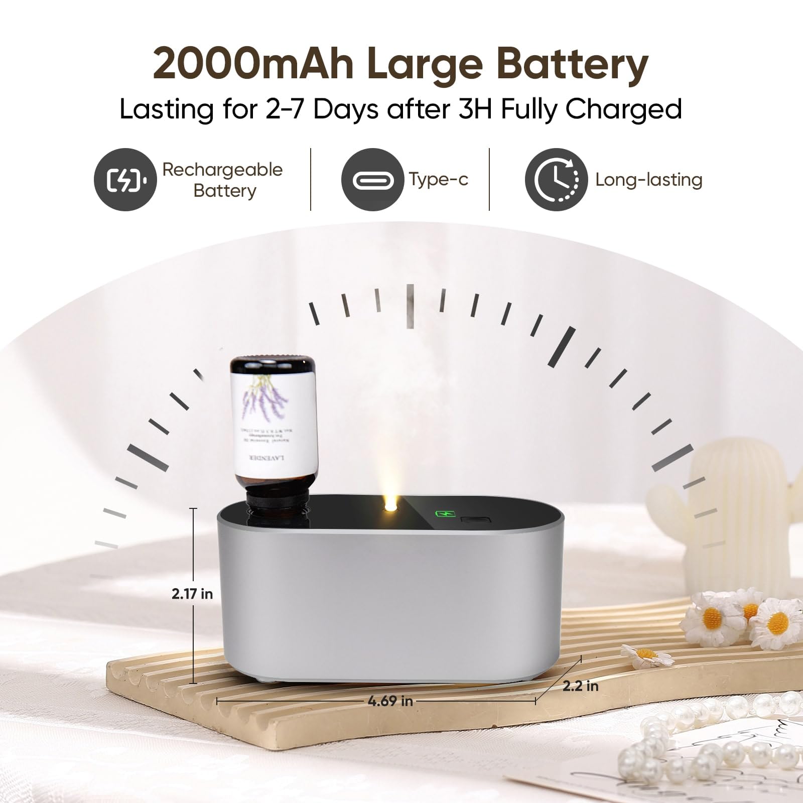 Lecdura Waterless Diffuser – Battery-Operated Essential Oil Diffuser with 3 Intermittent Mist Modes (Silver) for Home Office & Bedroom