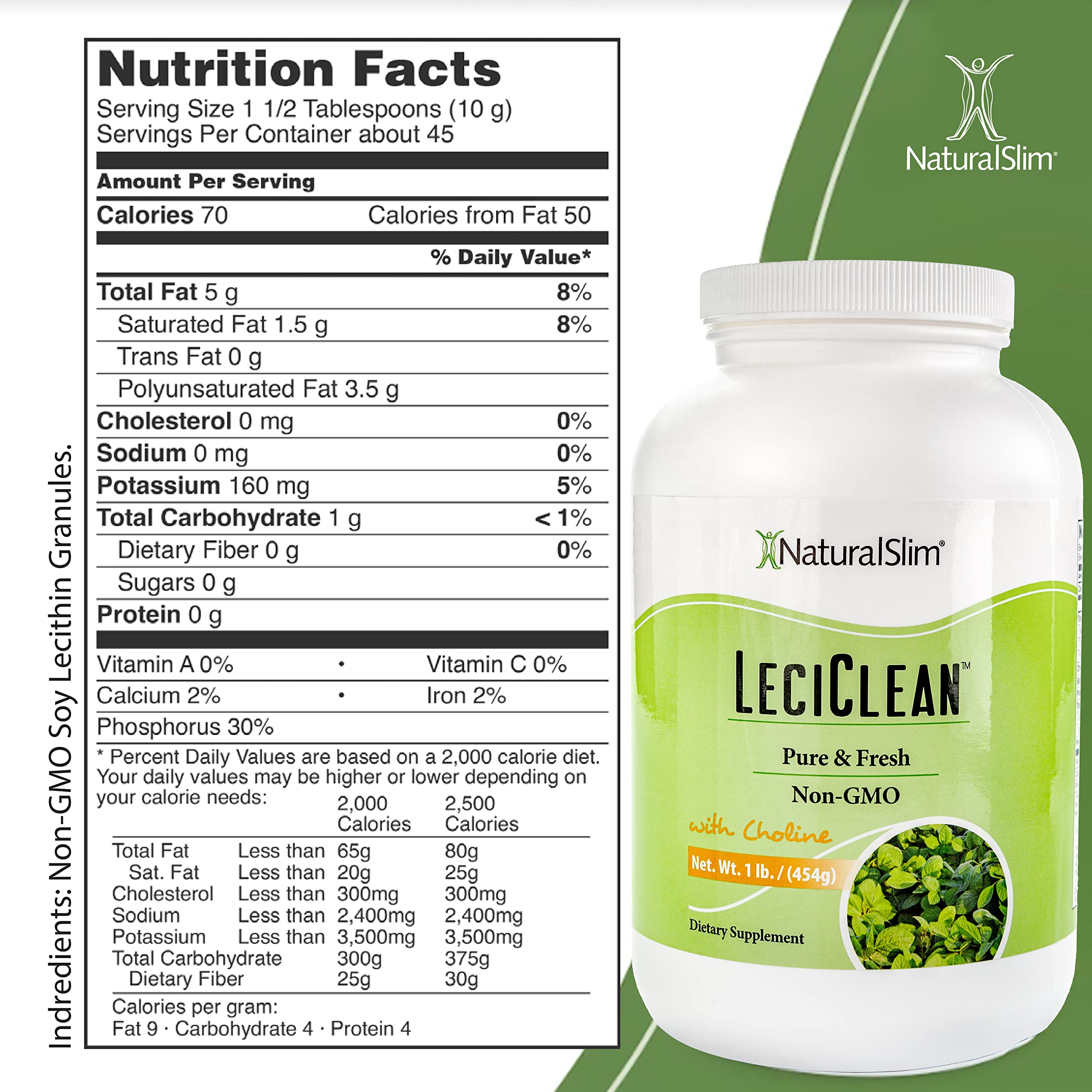 NaturalSlim Soy Lecithin Granules with Choline – Pure, Non-GMO Lecithin Powder (1 lb) for Brain, Heart & Liver Support