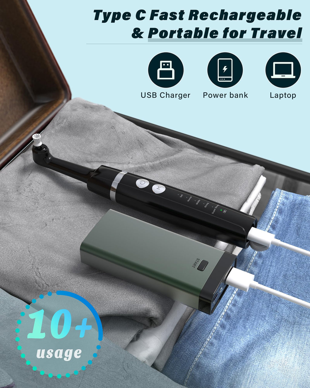 Tooth Polisher Rechargeable Whitening Kit - 3 Pastes, 5 Heads, LED Light (Black)