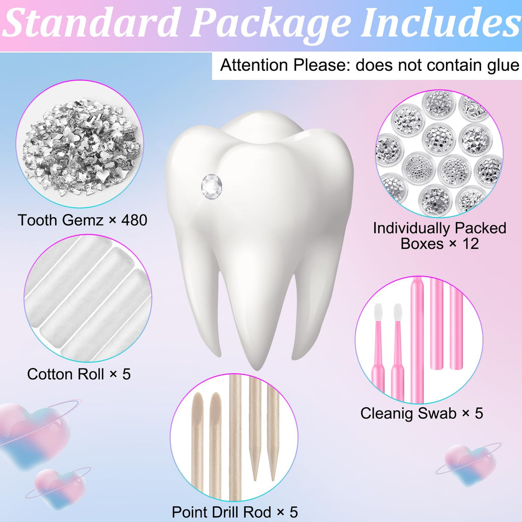 Leelosp 480 Pcs Tooth Gem Kit DIY Teeth Crystals – 12 Boxes, 5 Pink Brushes, No Glue