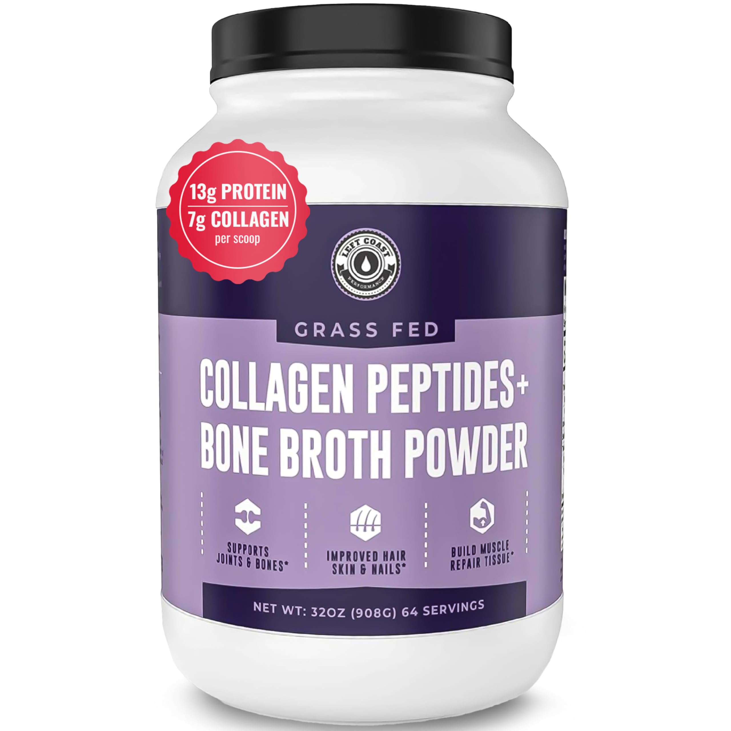 Left Coast Performance Collagen Bone Broth Powder – Grass-Fed, Unflavoured, 2lb (64 Servings)