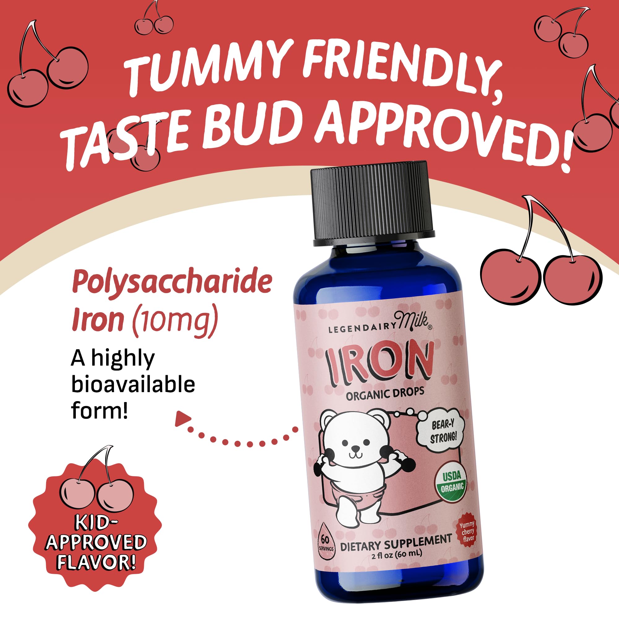 Legendairy Milk Organic Liquid Iron for Kids – Sugar Free Cherry, 60 Servings (Ages 4 Months to 3 Years)