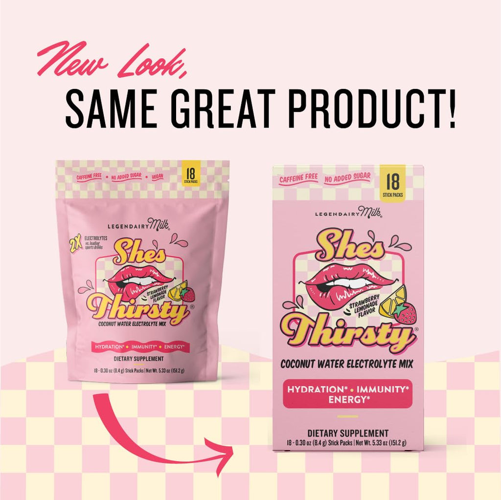 Legendairy Milk She’s Thirsty – Strawberry Lemonade Hydration Packets | Cortisol Support & Adrenal Health | Coconut Water Electrolytes 18 ct