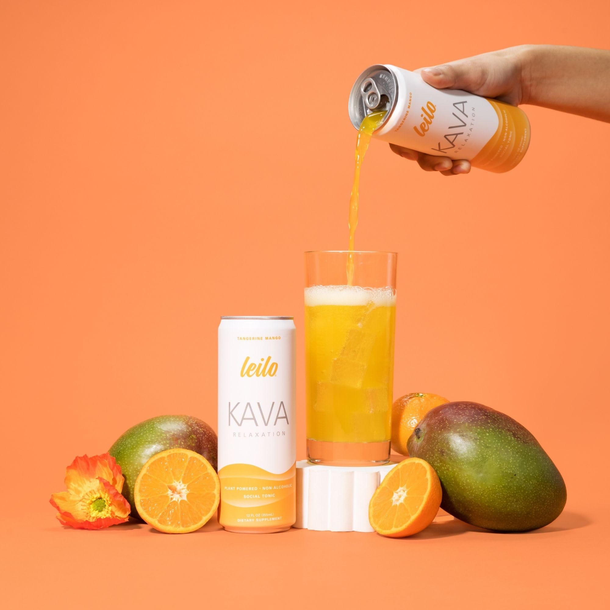 LEILO Tangerine Mango Kava Sparkling Drink – 12-Pack Non-Alc Calming Beverage