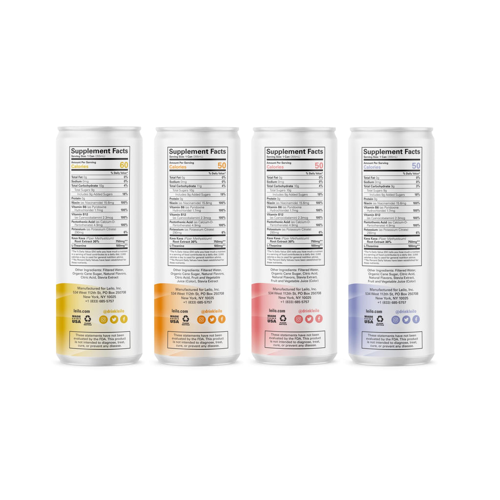 LEILO Kava Powered Sparkling Relaxation Drink | Classic Variety Pack – Raspberry Hibiscus, Tangerine Mango & BlackBerry Orange (12 x 12 oz Cans)