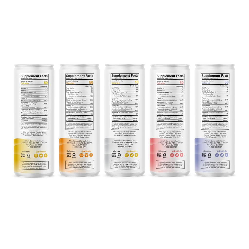 LEILO Kava-Powered Sparkling Relaxation Drink - Variety Sampler 6-Pack | 12 oz Cans | Non-ALC