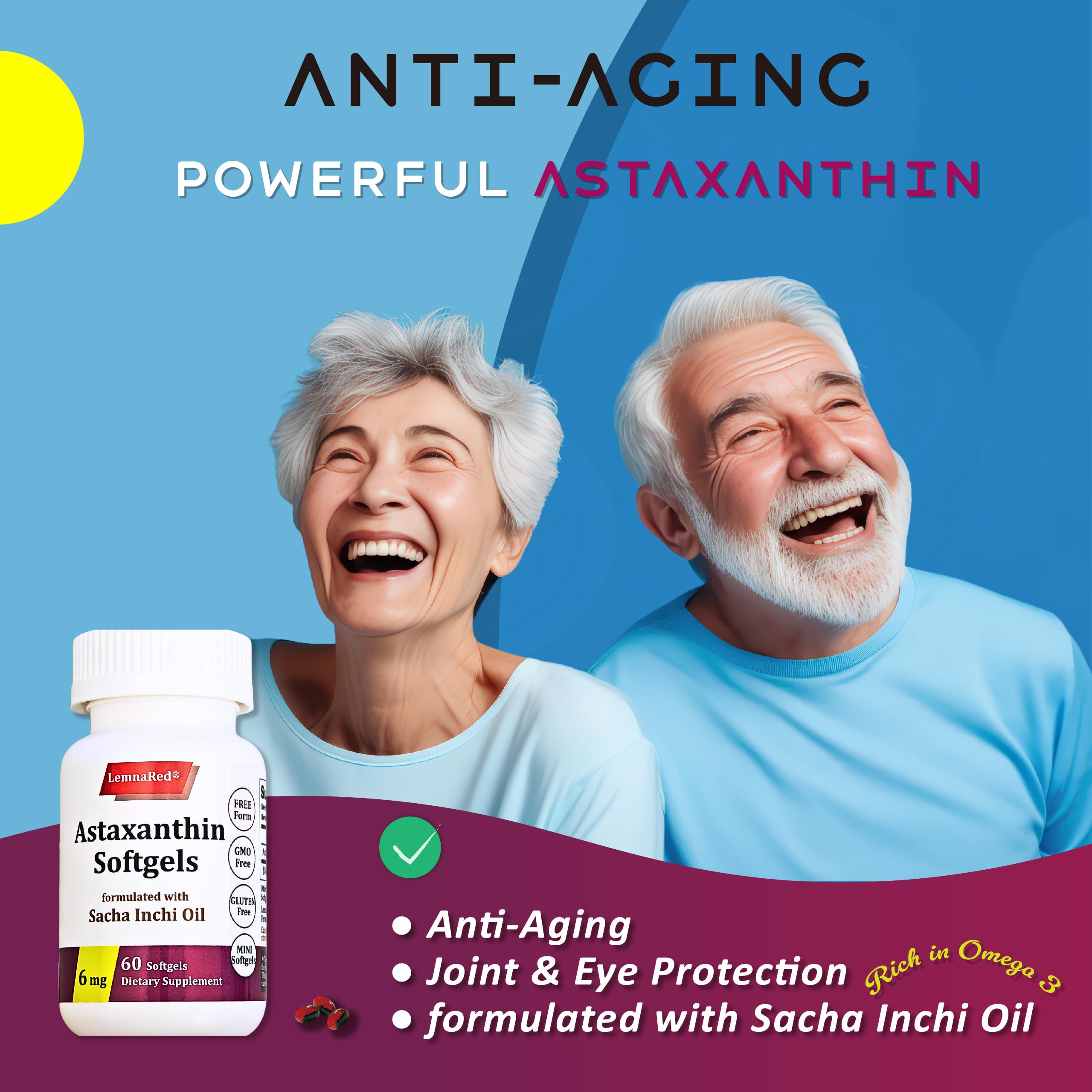 LemnaRed Free-Form Astaxanthin 6mg Softgels – 60 Count | Strongest Antioxidant with Sacha Inchi Oil