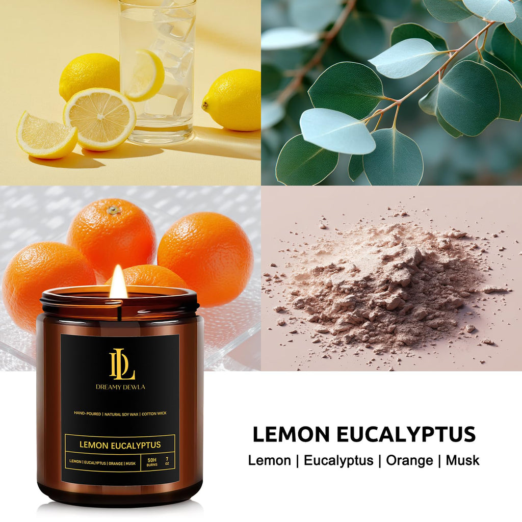Lemon Eucalyptus Soy Candles 7oz • 50-Hour Burn Time • Home Scent & Gift