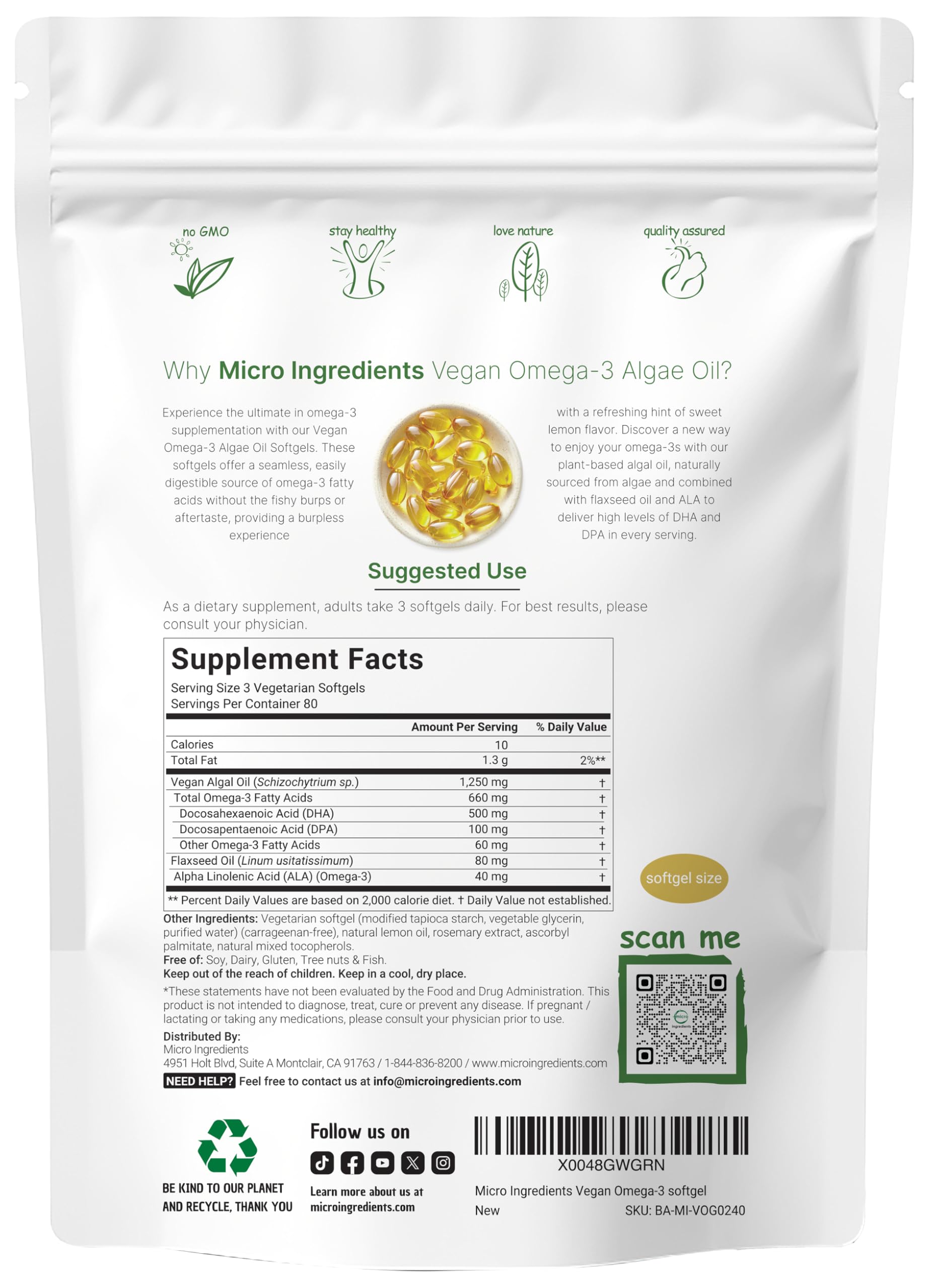 Micro Ingredients Vegan Omega-3 Algae Oil – 240 Veggie Softgels, DHA 500mg