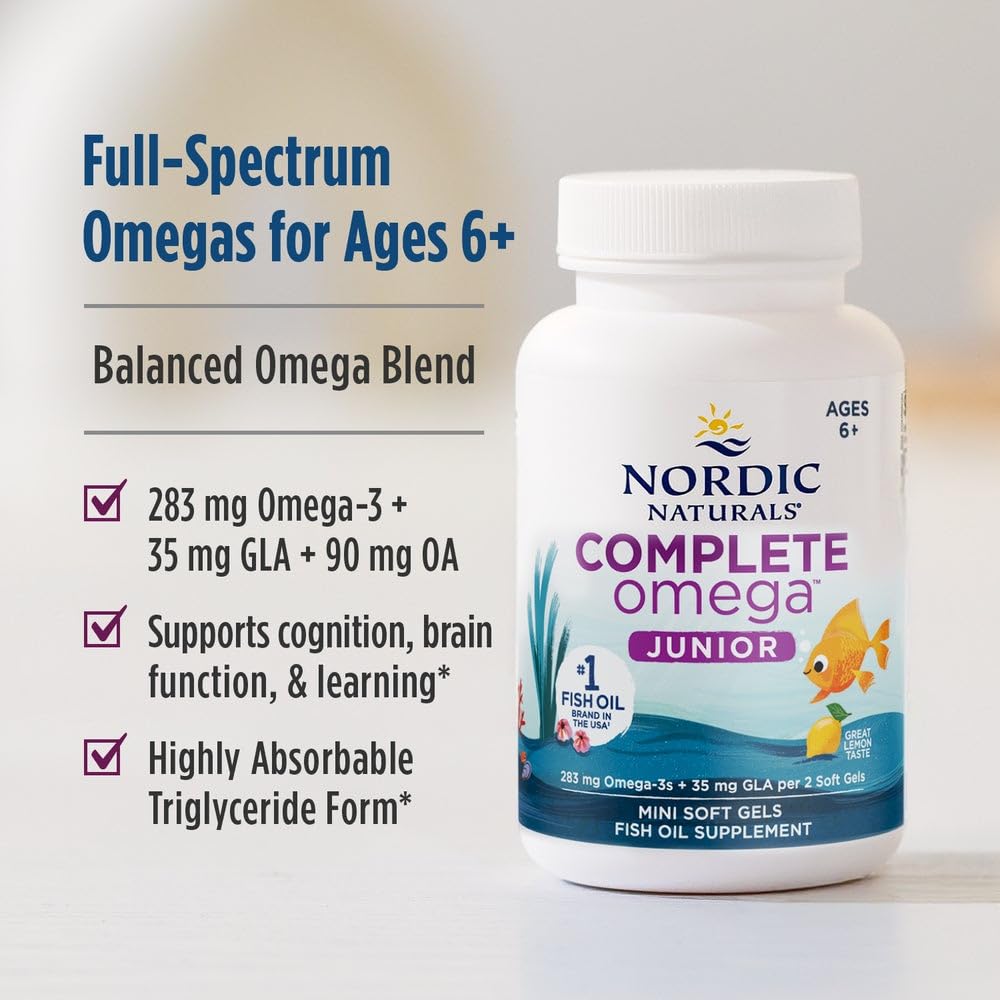 Nordic Naturals Complete Omega Jr. Lemon | 180 Mini Soft Gels, 283 mg Total Omega-3s + 35 mg GLA | Non-GMO