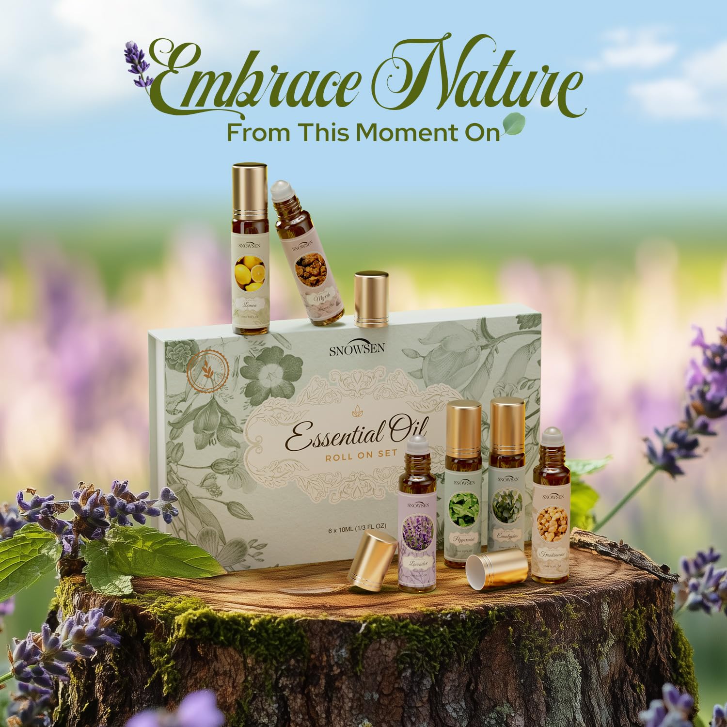 Essential Oils Roll-On Set – 6x10ml Aromatherapy Oils (Lavender, Peppermint, Frankincense, Eucalyptus, Lemon, Myrrh)
