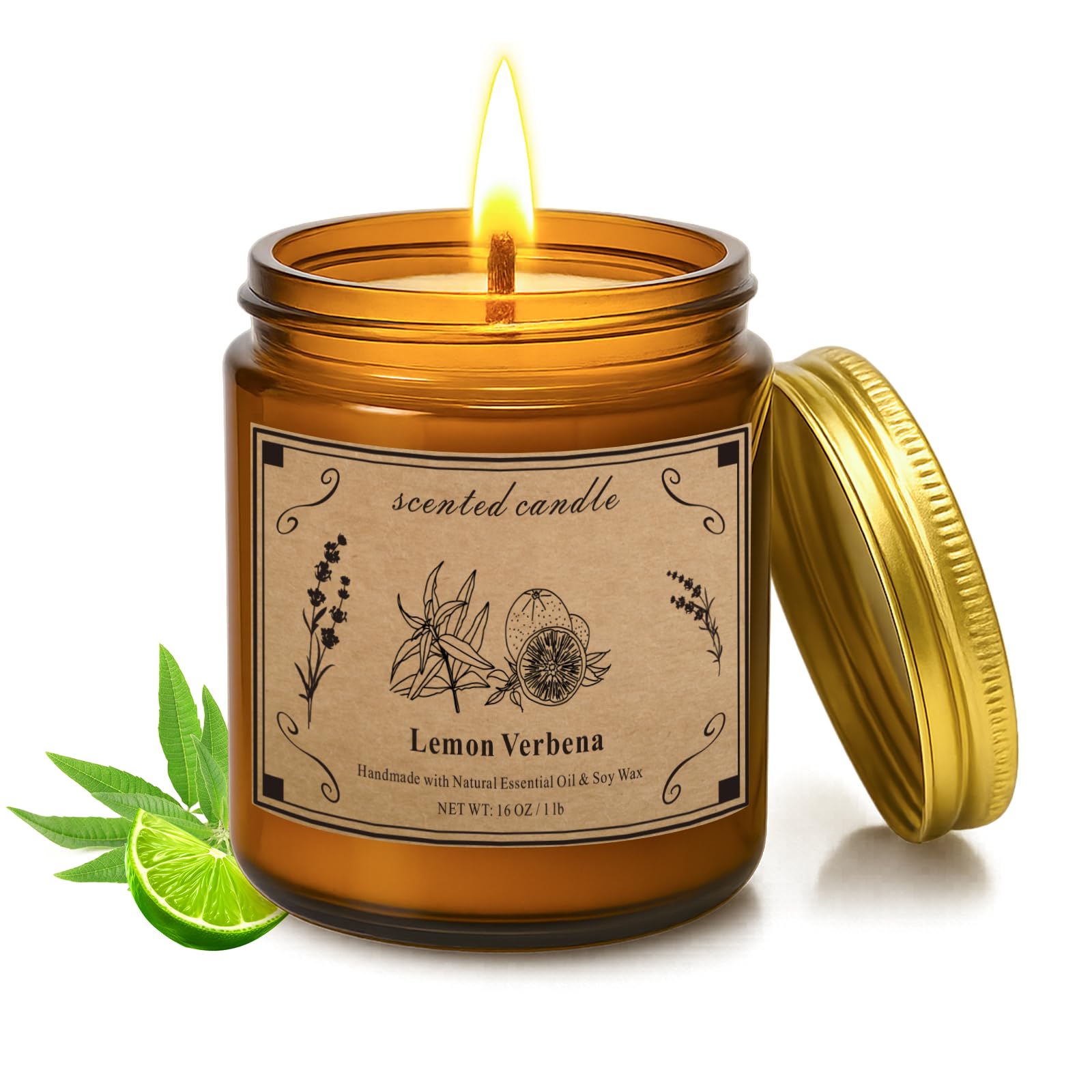 Scented Candles for Home - 16oz Lemon Verbena Soy Wax Candle with 100 Hour Burn