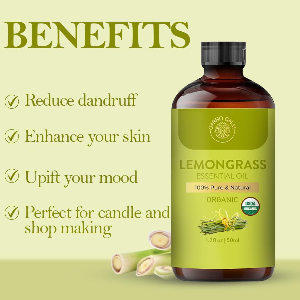 Carno Calm Lemongrass Essential Oil — USDA Organic, 1.7 fl oz | Aromatherapy, Skin & Hair Care