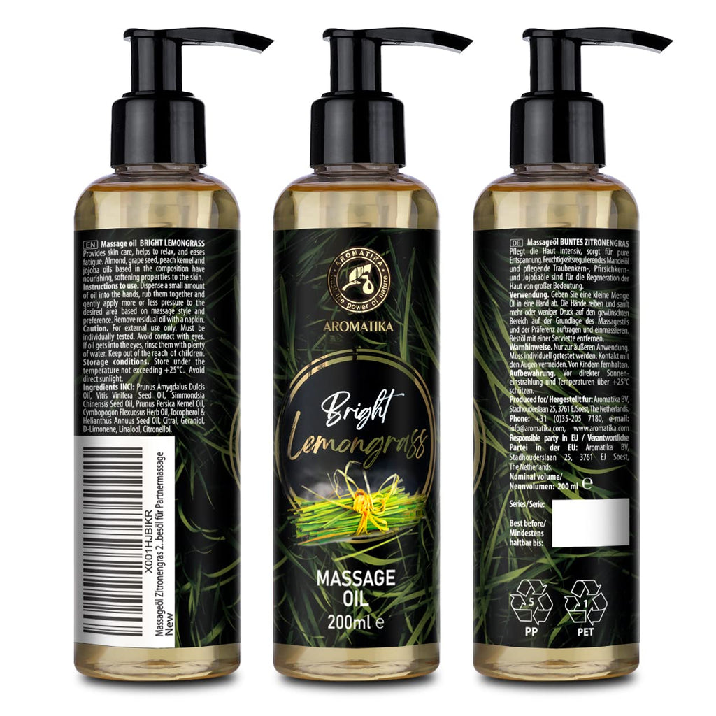 Lemongrass Massage Oil 200ml - Almond, Grapeseed & Wheat Germ - All Skin Types