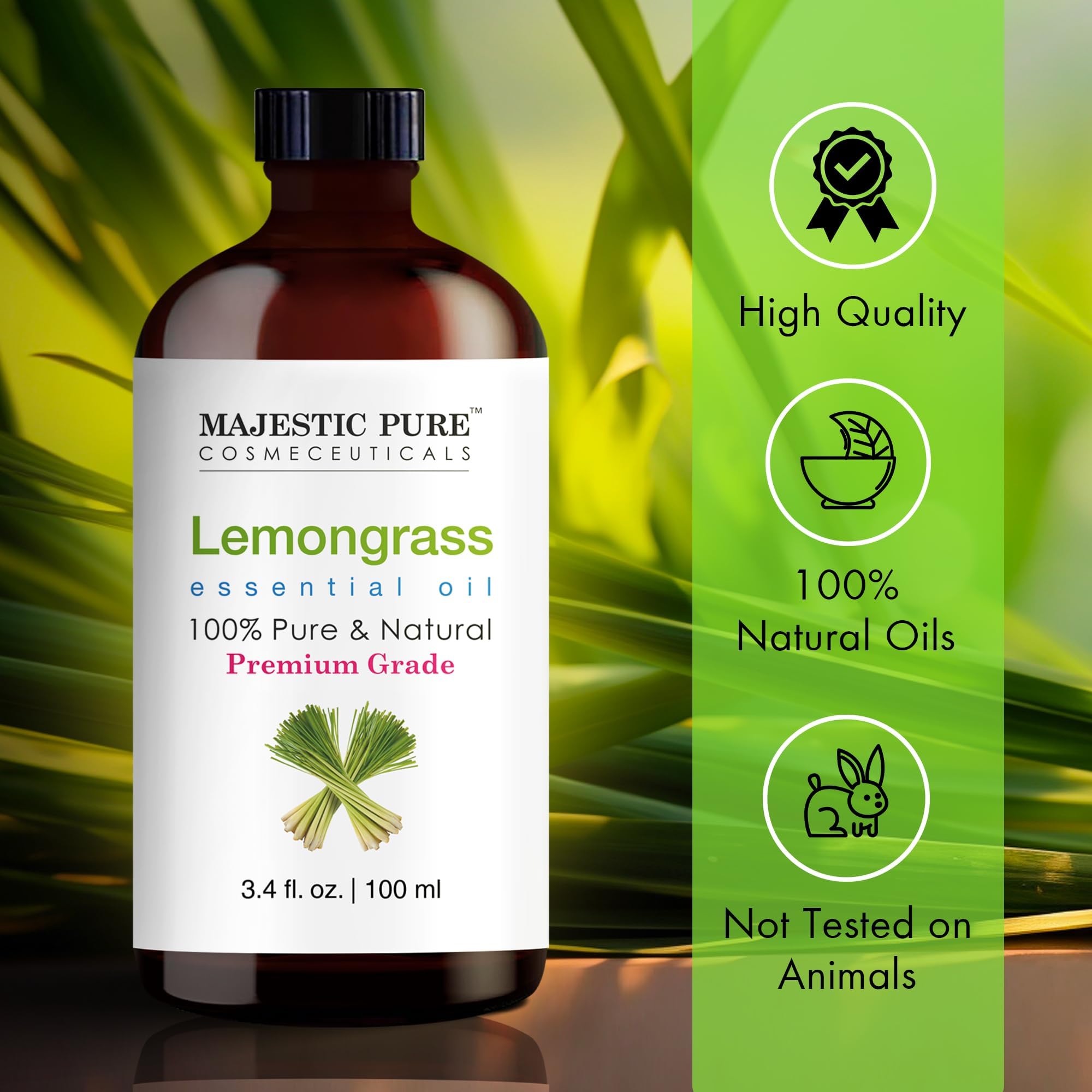 Majestic Pure Lemongrass Essential Oil - 100% Pure & Natural, 3.4 Fl Oz, Dropper Bottle