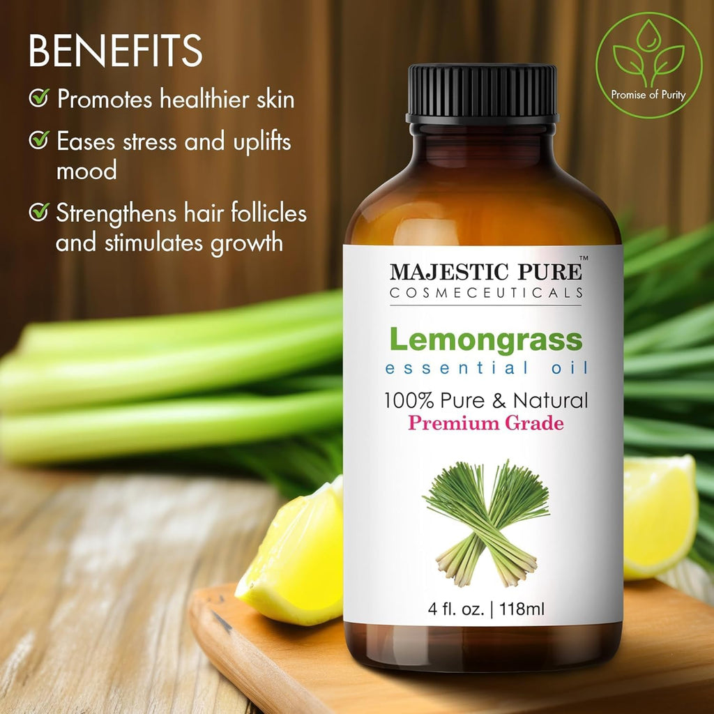 Majestic Pure Lemongrass Essential Oil - 100% Pure & Natural, Glass Dropper, 4 Fl Oz (Pack of 2)