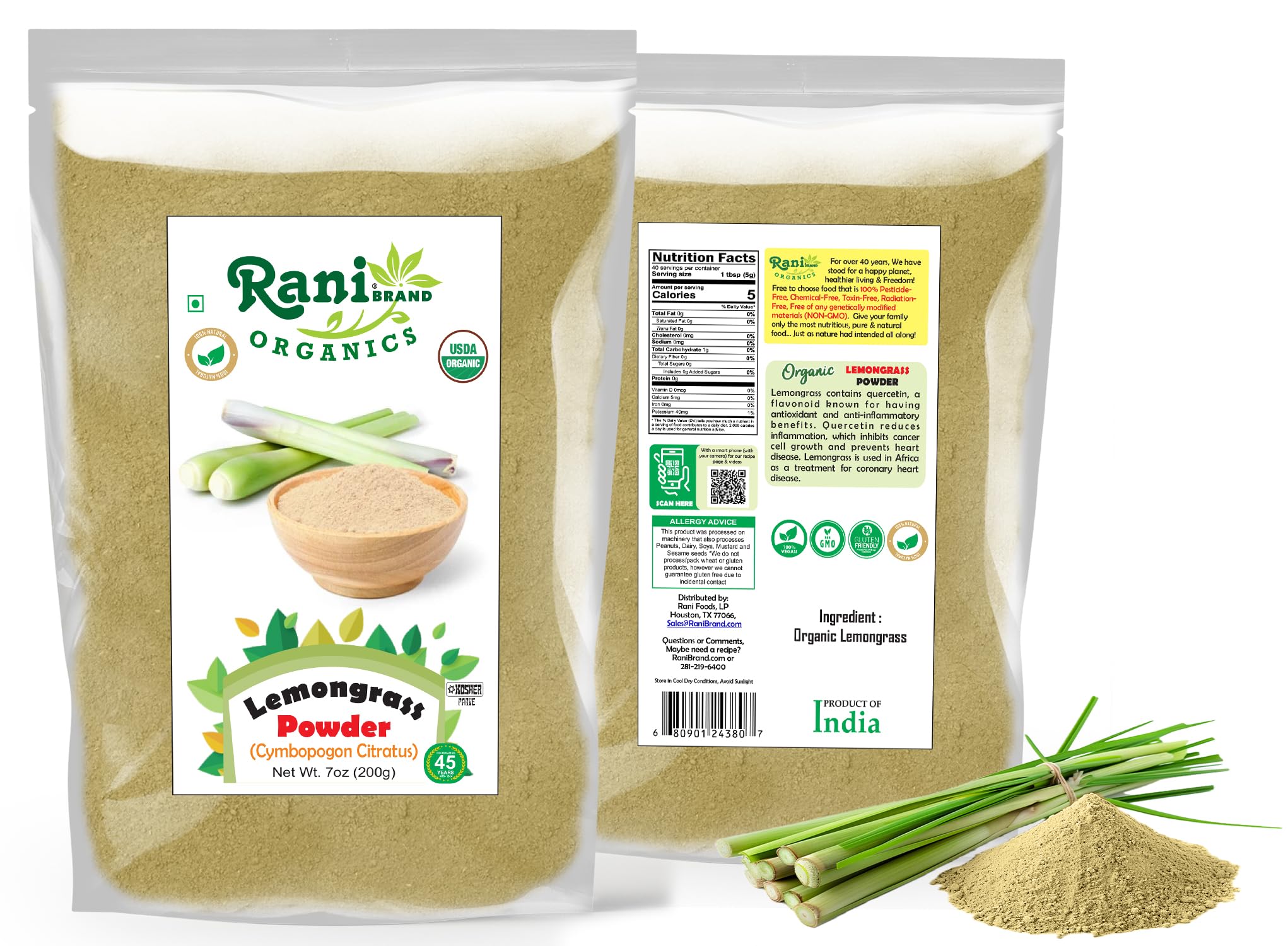 Rani Organic Lemongrass Powder (7oz/200g) – USDA Organic, Kosher, Gluten Free