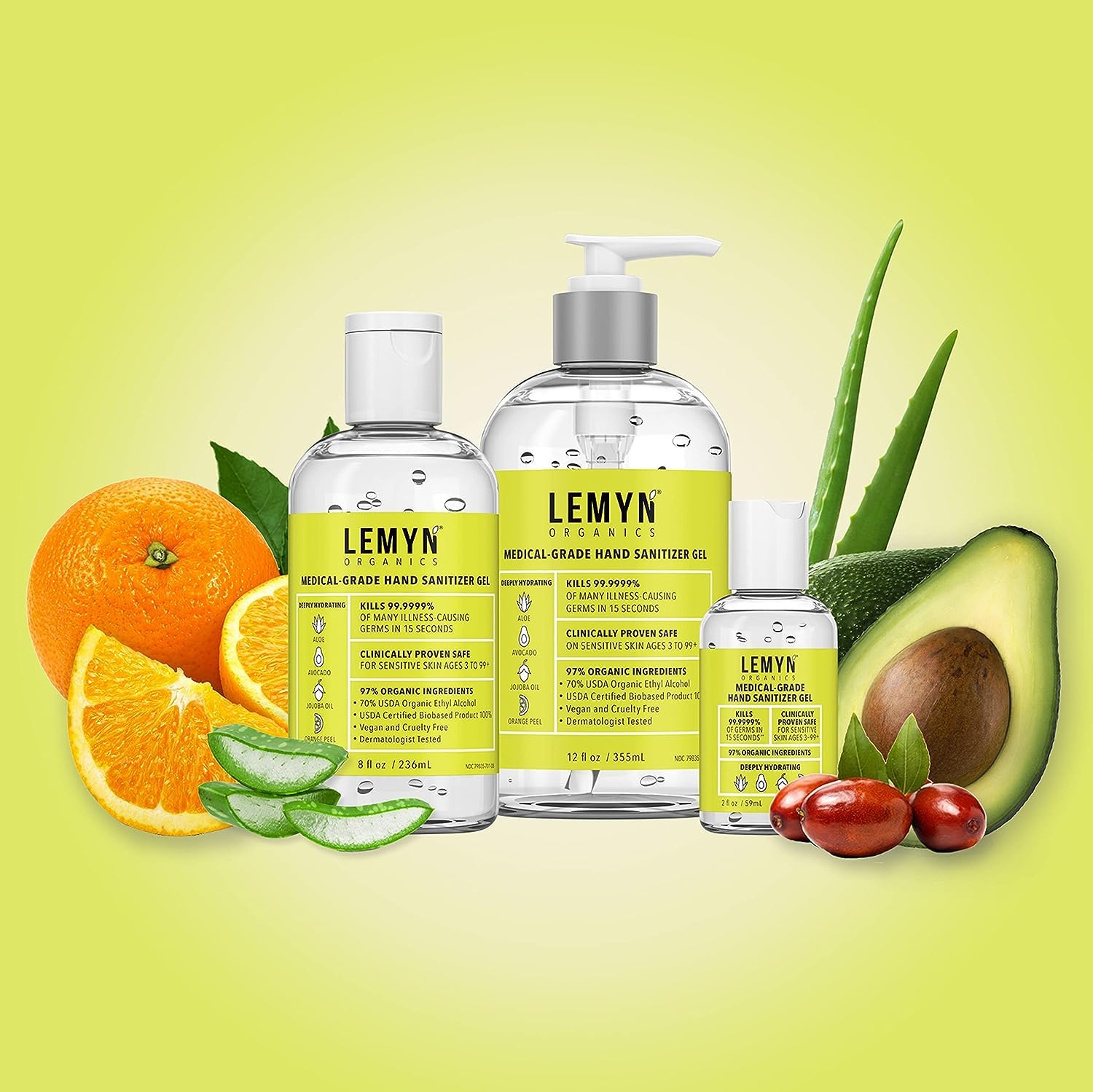 Lemyn Organics Medical Grade Hand Sanitizer Gel – 97% Organic, 2 oz (Pack of 24)