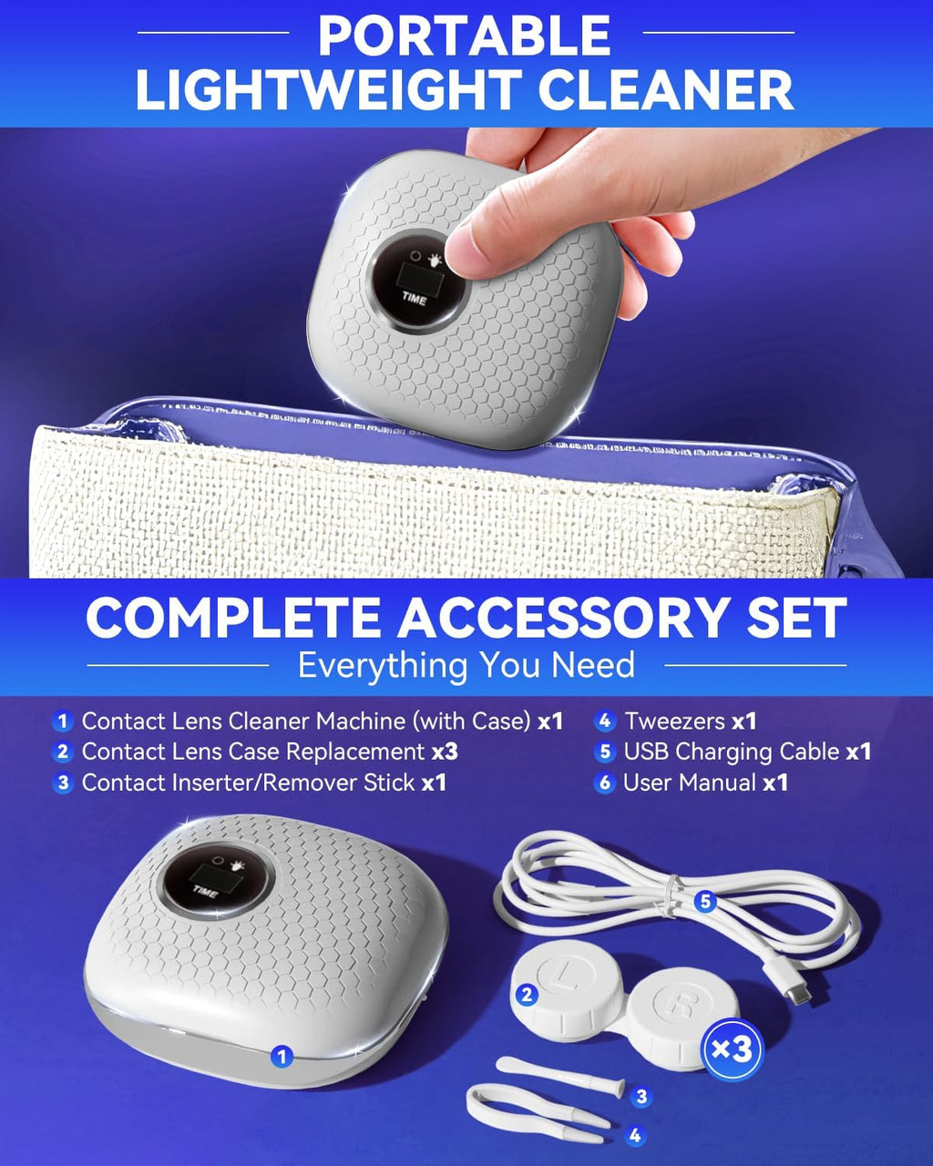 2025 Upgraded Ultrasonic Contact Lens Cleaner – 50KHz German Motor, Intelligent Chip, 3 Smart Modes, 99% Brightness, Portable Grey
