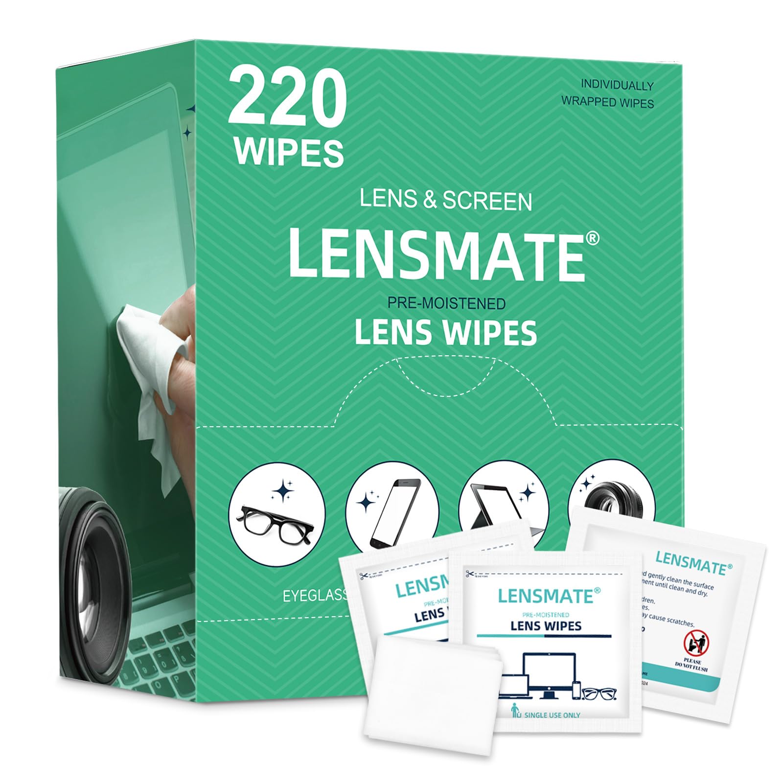 Lensmate 220 Count Lens Wipes – Pre-Moistened & Individually Wrapped Eyeglass Cleaning Wipes
