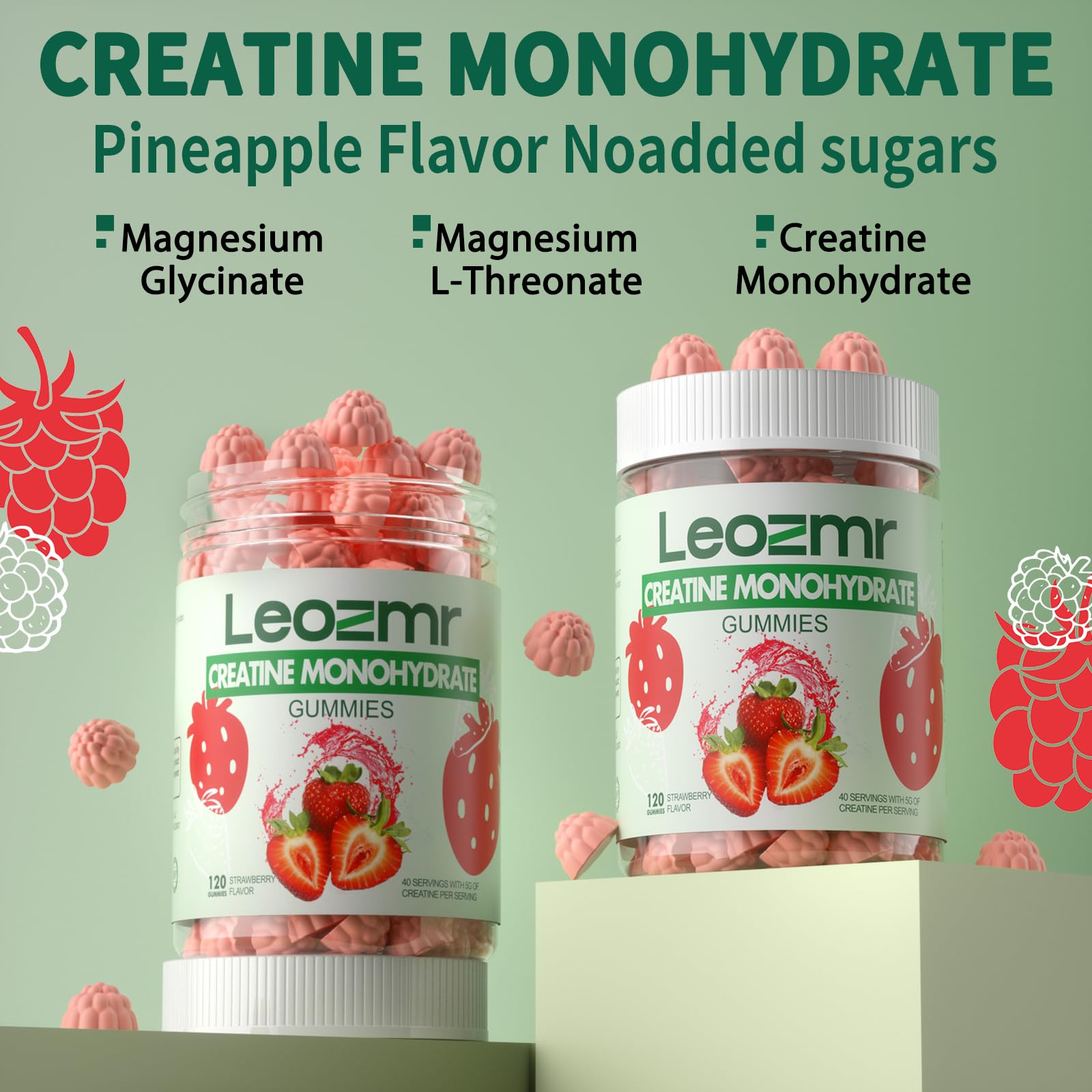 Leozmr Creatine Monohydrate Gummies – 5000mg per Serving (3 Gummies) Strawberry, 120 Count | Vegan & Sugar-Free