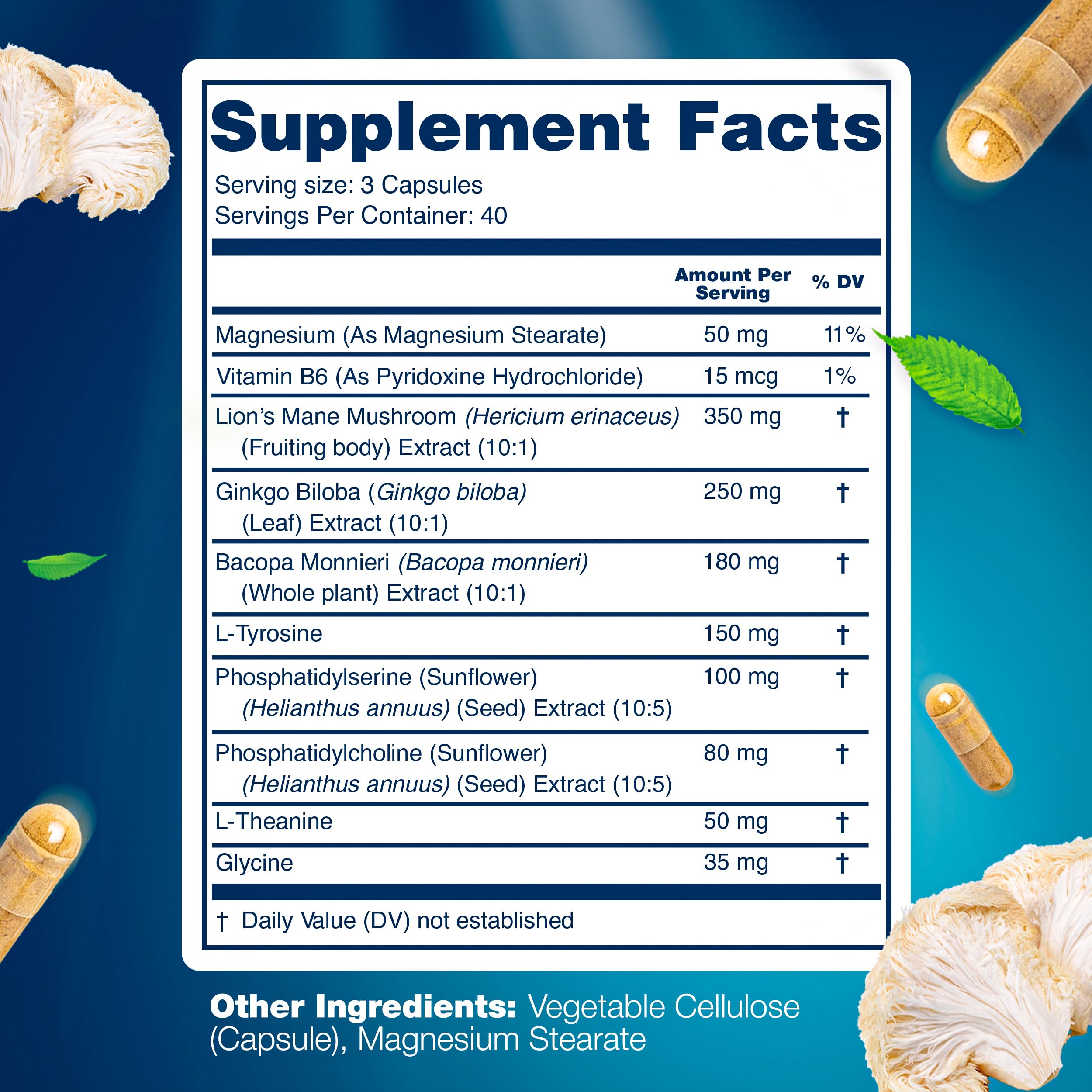 LetaGreen Organic Lion's Mane Capsules – 120 Real Mushrooms with Ginkgo Biloba, Bacopa Monnieri, L-Theanine & L-Tyrosine for Daily Wellness
