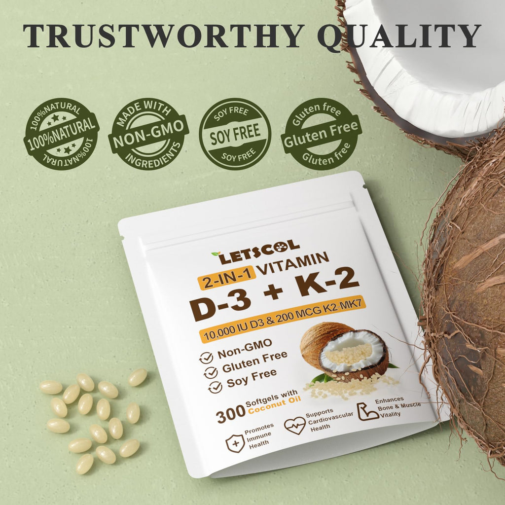 LETSCOL 2-in-1 Vitamin D3 K2 Softgel – 10000 IU D3 & 200 mcg K2 MK7 for Immune, Heart, Joint & Bone Health