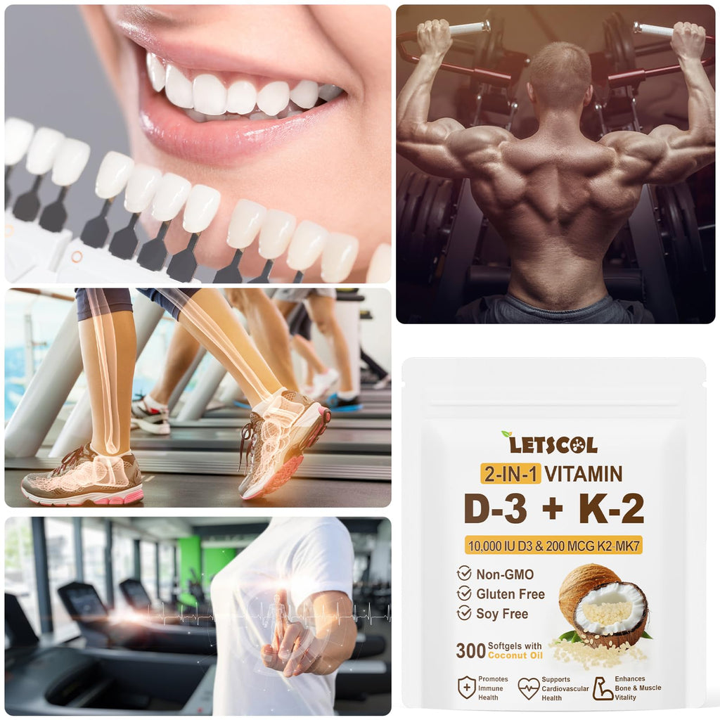 LETSCOL 2-in-1 Vitamin D3 K2 Softgel – 10000 IU D3 & 200 mcg K2 MK7 for Immune, Heart, Joint & Bone Health