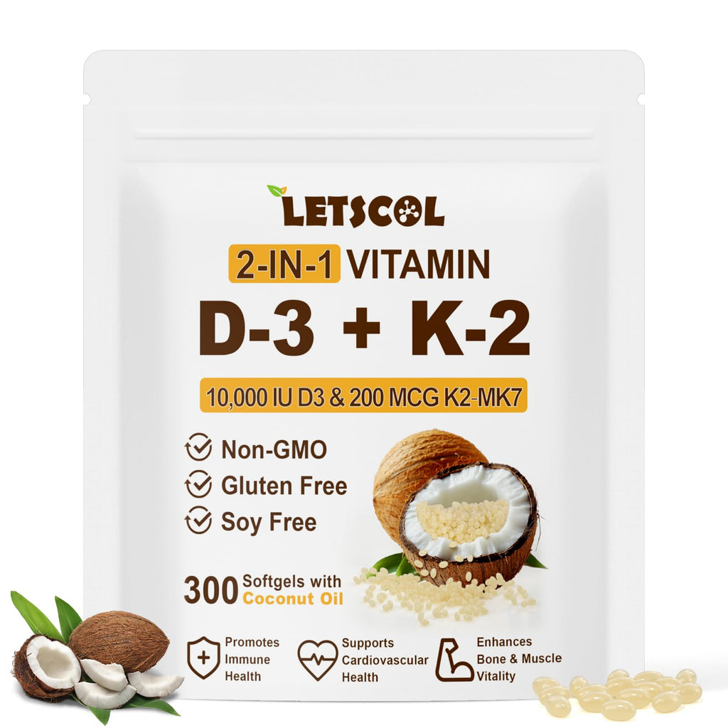LETSCOL 2-in-1 Vitamin D3 K2 Softgel – 10000 IU D3 & 200 mcg K2 MK7 for Immune, Heart, Joint & Bone Health
