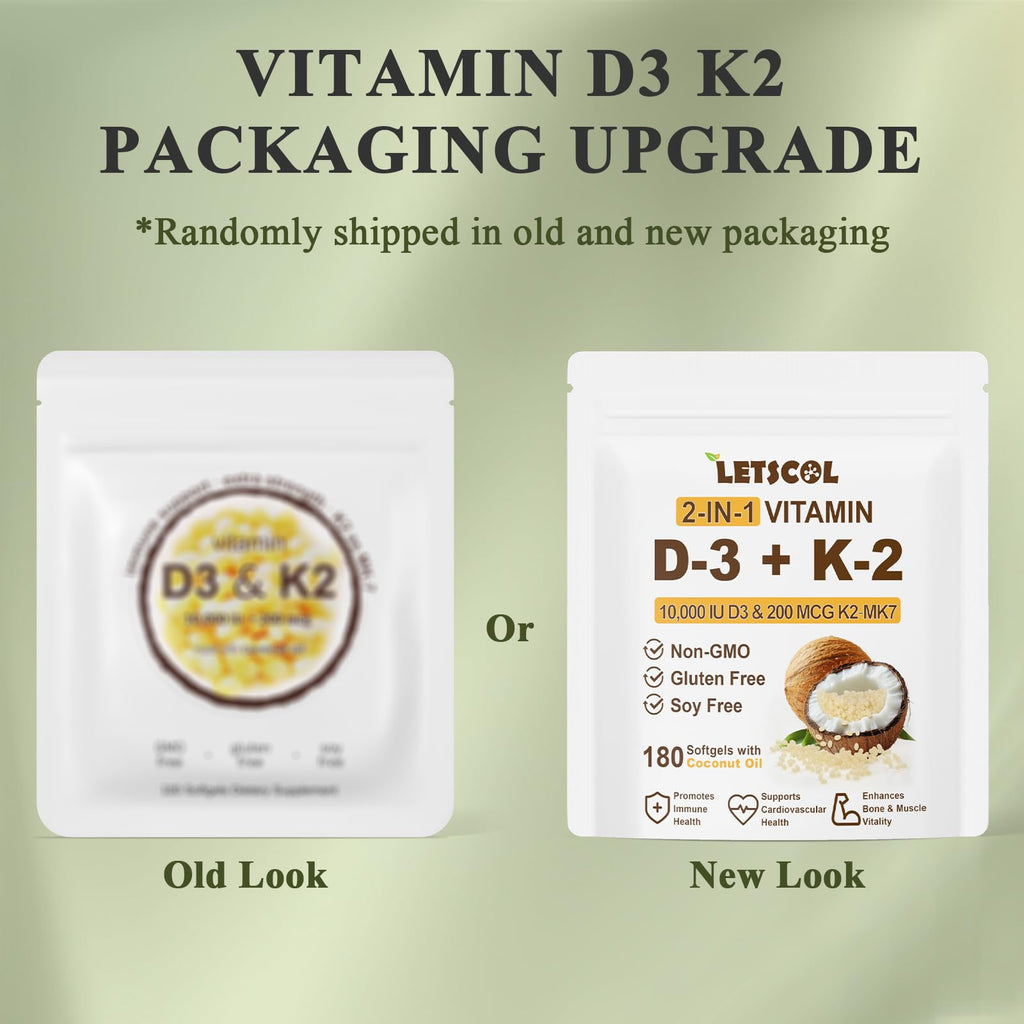 LETSCOL 2-in-1 Vitamin D3 K2 Softgel – 10,000 IU D3 + 200 mcg K2 MK7