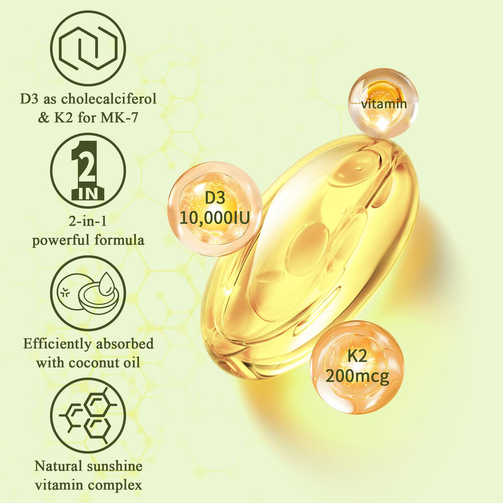 LETSCOL 2-in-1 Vitamin D3 K2 Softgel – 10000 IU D3 & 200 mcg K2 MK7 for Immune, Heart, Joint & Bone Health