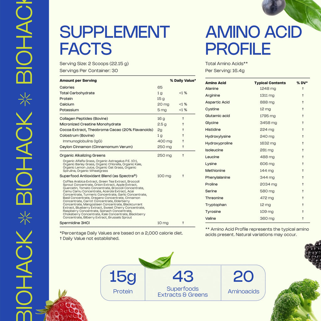LevelUp Biohack Ageless: Colostrum Collagen Superfoods Antioxidants Spermidine Amino Acids Creatine for Women and Men, Total Body Rejuvenation (Dark Chocolate Cinnamon)