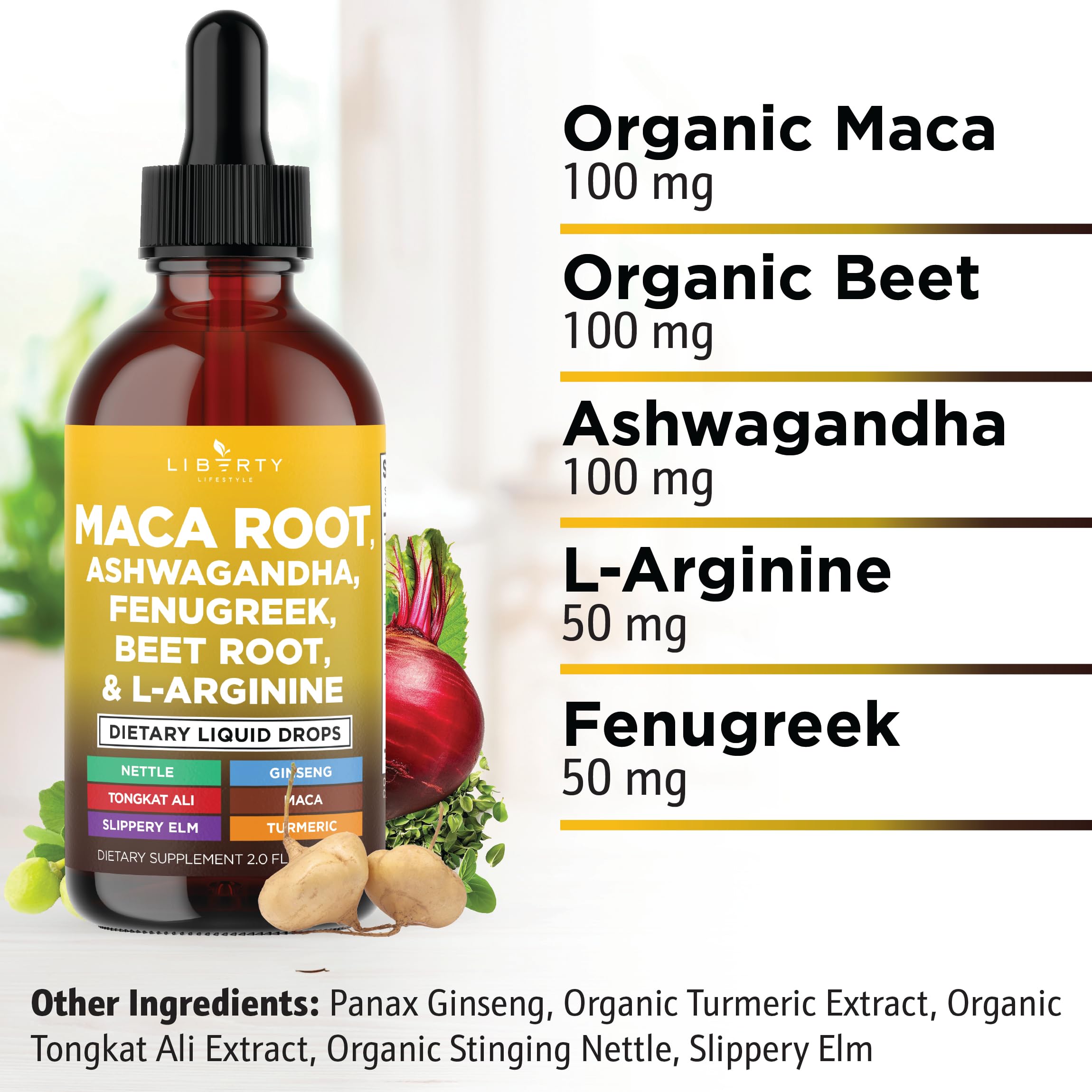 Liberty Lifestyle Organic Maca Root Liquid Drops with Ashwagandha, Nettle, Beet Root & L-Arginine – 6oz