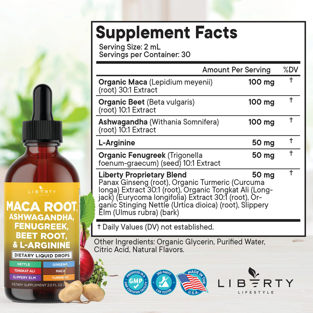 Liberty Lifestyle Organic Maca Root Liquid Drops with Ashwagandha, Nettle, Fenugreek, Beet Root & L-Arginine – 8oz