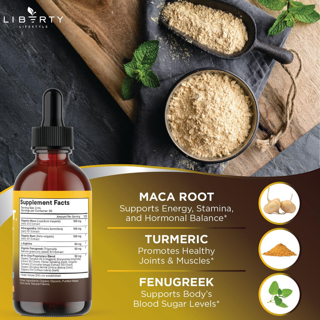 Liberty Lifestyle Organic Maca Root Liquid Drops with Ashwagandha, Nettle, Beet Root & L-Arginine – 6oz