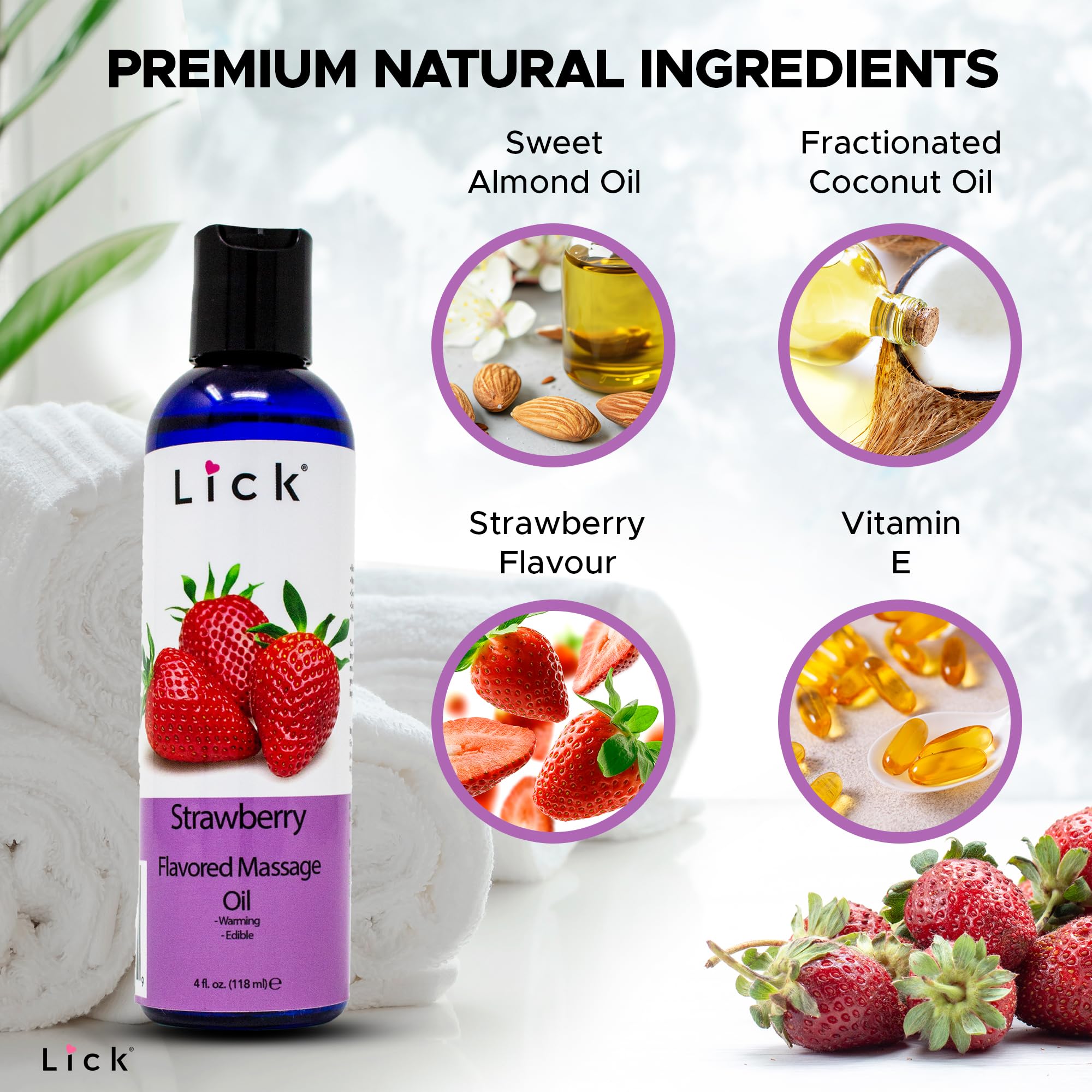 Lick Strawberry Massage Oil with Natural Vitamin E - Aromatherapy & Moisturizing 4 oz