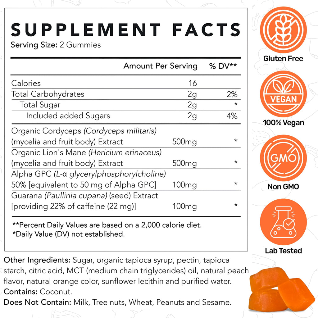 Life Cykel AM Energy & Focus Mushroom Gummies – Lion's Mane, Cordyceps, Guarana