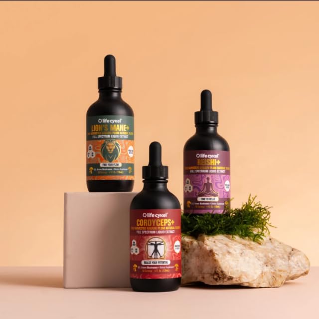Life Cykel Professional Athletes Pack – Reishi, Lion's Mane & Cordyceps Full-Spectrum Mushroom Tincture | Vegan, Non-GMO