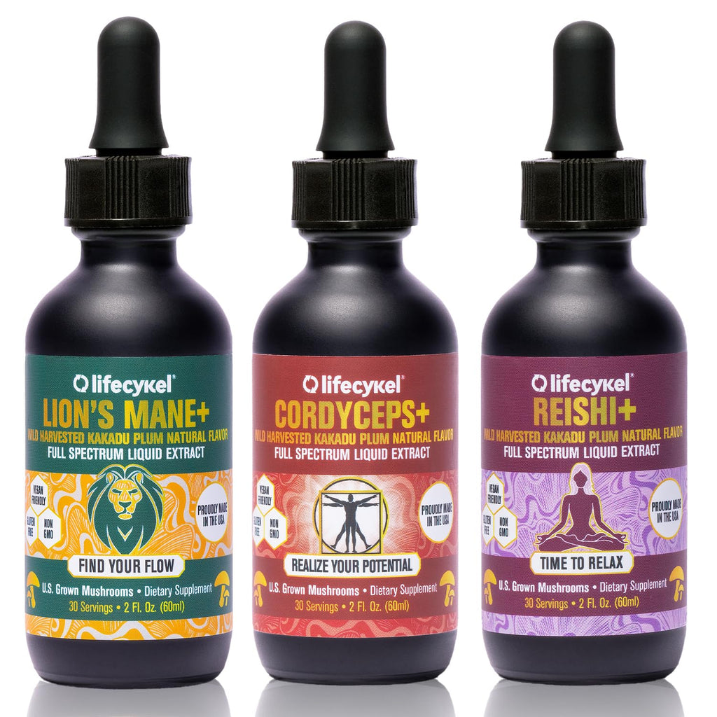 Life Cykel Professional Athletes Pack – Reishi, Lion's Mane & Cordyceps Full-Spectrum Mushroom Tincture | Vegan, Non-GMO