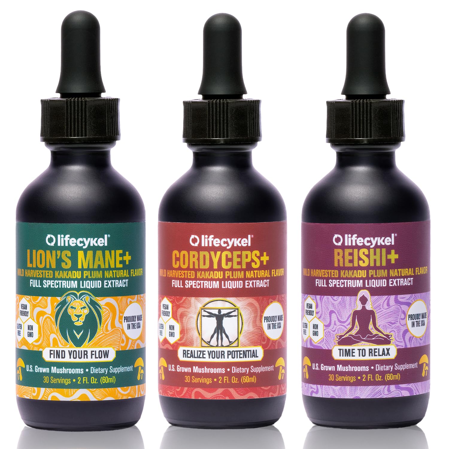 Life Cykel Professional Athletes Pack – Reishi, Lion's Mane & Cordyceps Full-Spectrum Mushroom Tincture | Vegan, Non-GMO