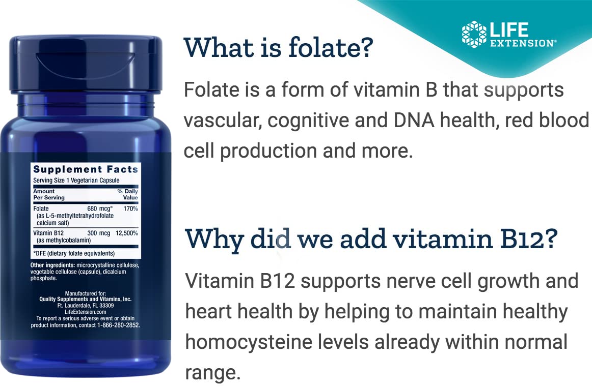 Life Extension BioActive Folate & Vitamin B12 – 150 Vegetarian Capsules | Non-GMO, Gluten Free