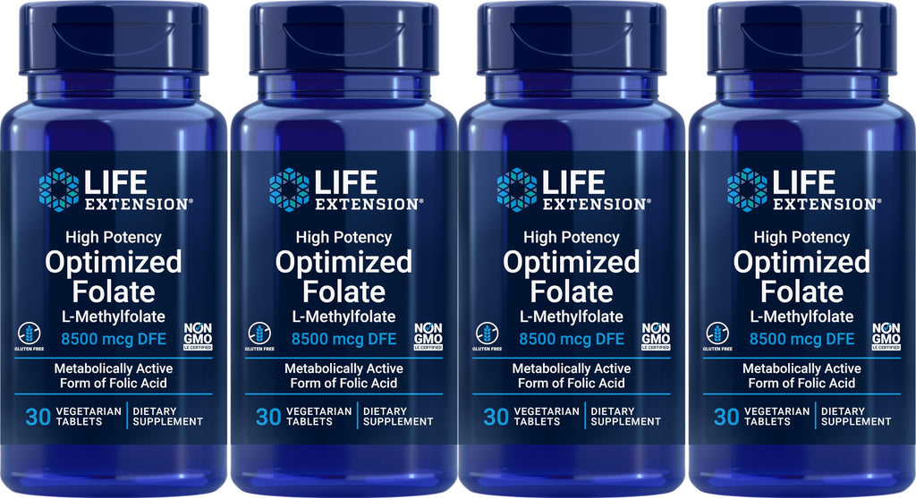 Life Extension High Potency Optimized Folate 8500 mcg DFE – 30 Vegetarian Tablets (Pack of 4)