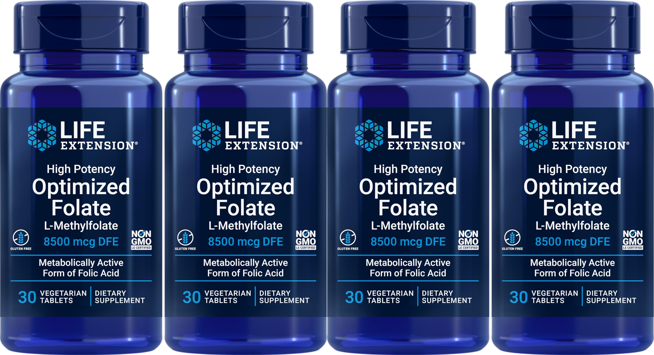 Life Extension High Potency Optimized Folate 8500 mcg DFE – 30 Vegetarian Tablets (Pack of 4)
