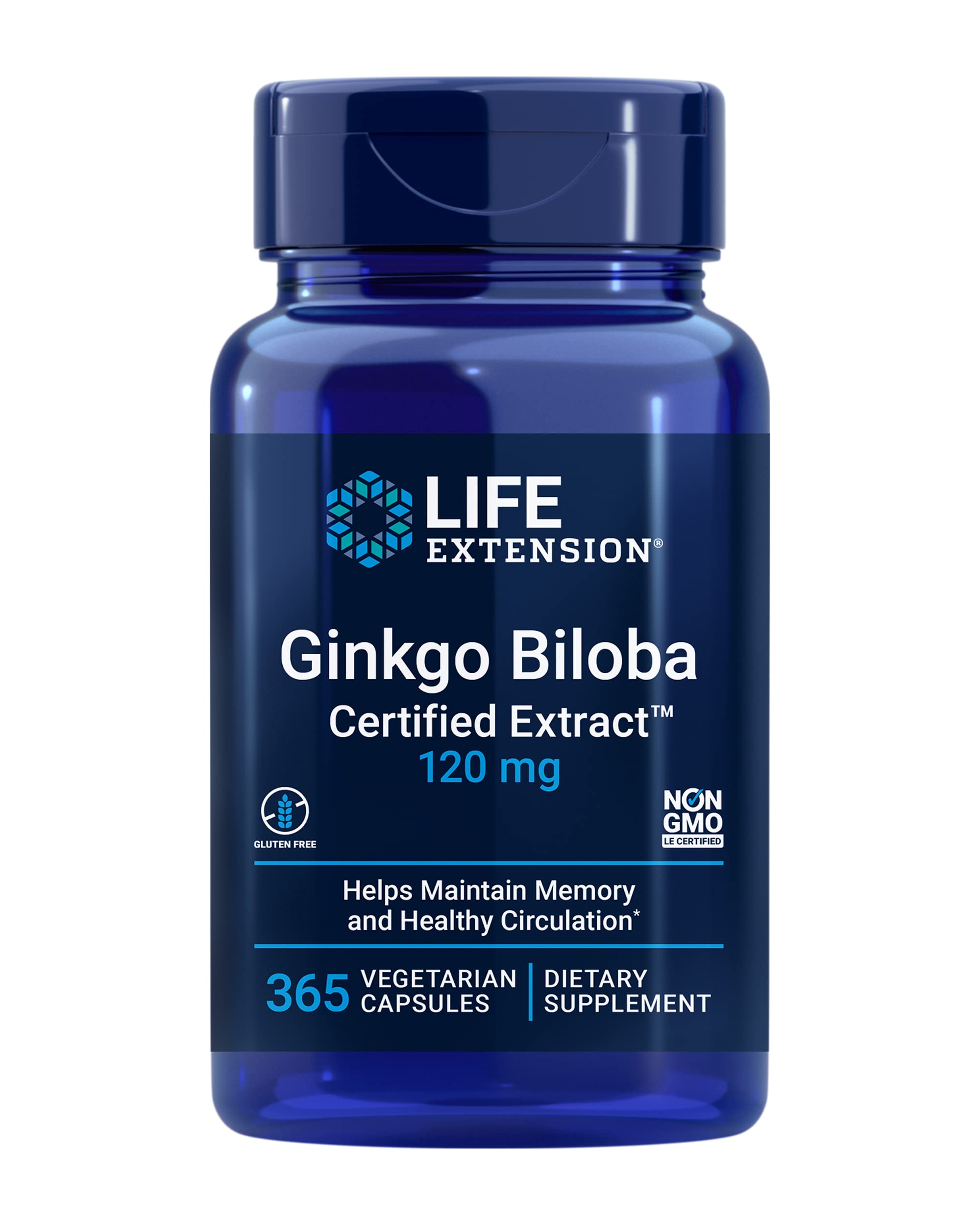 Life Extension Ginkgo Biloba Certified Extract 120 mg – Memory & Cognition Support, Gluten-Free, Non-GMO, 365 Capsules